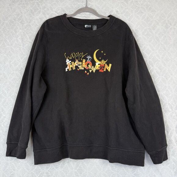 Happy Halloween Crewneck Sweatshirt Women 1X Black Embroidered Pumpkin Ghost Cat - Picture 1 of 8